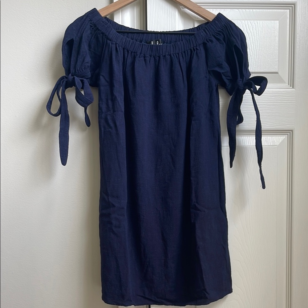 Lulus Navy Off-Shoulder Dress with Tie Sleeves